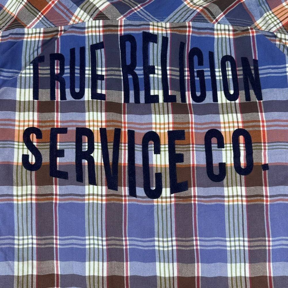 True Religion Service Co Flannel Shirt XL Blue Plaid Back Graphic Embroidered - Picture 7 of 11